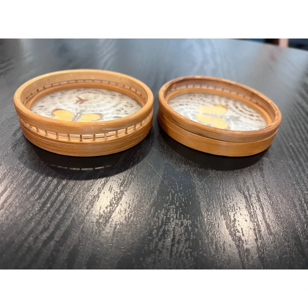 Vintage Bamboo Coasters Set of 6 Real Preserved Butterfly Glass Boho Decor